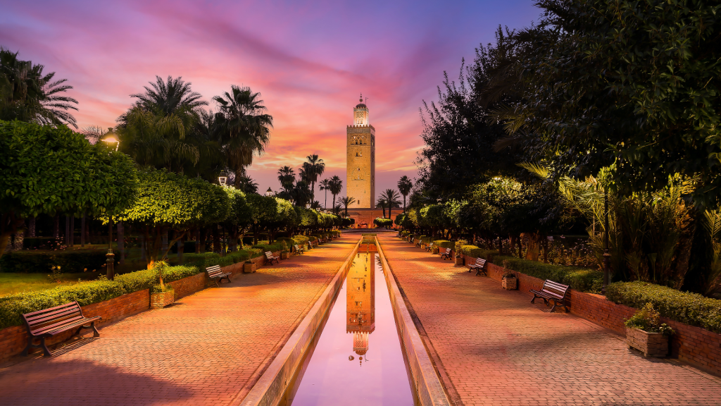 Exterior shot of El Koutoubia Mosque in Marrakech, Morocco