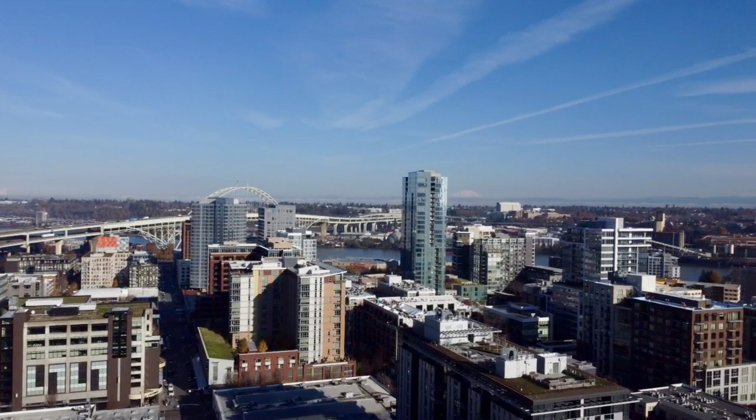 An aerial shot of the Pearl District in Portland, OR