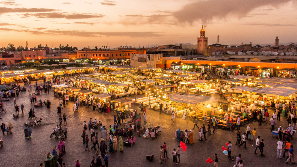 High angle shot of Jamâa El-Fna Square during sunset