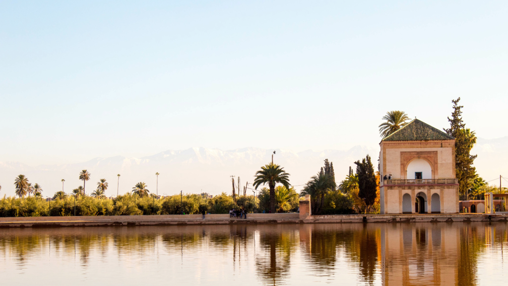 Wide angle shot of the Menara Gardens in Marrakech