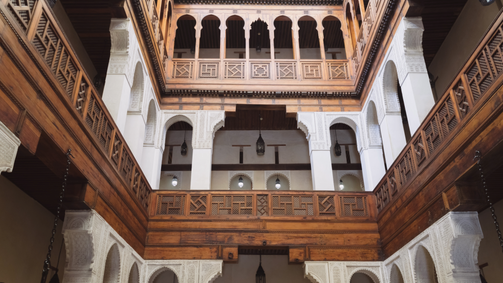 Nejjarine Museum of Wooden Arts & Crafts courtyard shot in Fes, Morocco